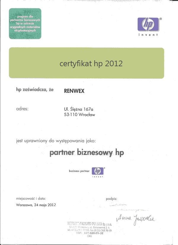 Certyfikat HP - 2012 rok